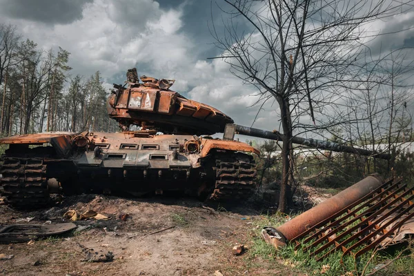 BUCHA, UKRAINE 12.05.2022 Irpin, Bucha. Atrocities of the russian army in the suburbs of Kyiv. russian tank knocked out by the Ukrainian army. War of russia against Ukraine.