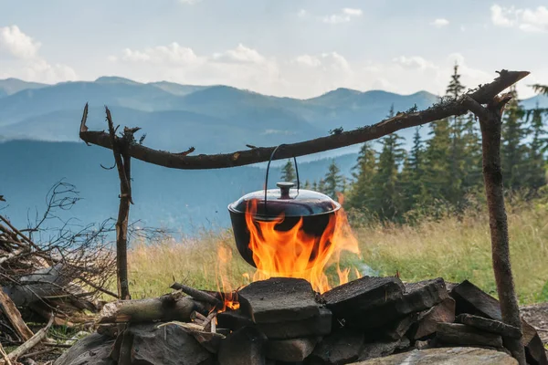Cooking Food Campfire Mountains Camping Season — Stock Photo, Image
