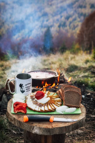 Outdoors Food Concept Appetizing Barbecued Steak Sausages Grilled Vegetables Wooden — Stock Photo, Image