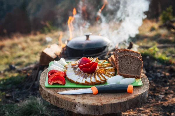 Outdoors Food Concept Appetizing Barbecued Steak Sausages Grilled Vegetables Wooden — Stock Photo, Image