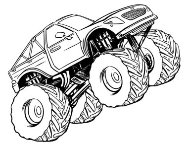 Canavar kamyon vektör çizgisi çizgi film arabası ve erkekler için beyaz arka planda izole edilmiş ekstrem taşıma illüstrasyonu. Beyaz arka planda izole edilmiş. Modern tişörtler için Doodle Illustration tarzı kıyafetler