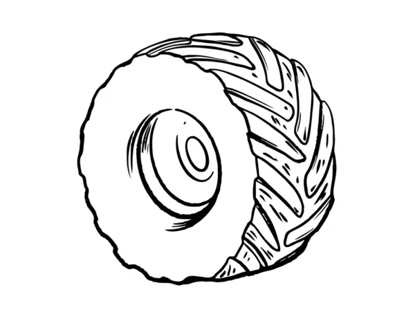 Roda de carro, pneu, estilo doodle, ilustração esboço, desenhado à mão, design vetorial para meninos. isolado em fundo branco. Doodle Ilustração em estilo moderno camisetas para roupas — Vetor de Stock