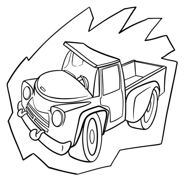 Vektor vonal rajzfilm pickup autó extrém közlekedési illusztráció elszigetelt fehér háttér fiúknak. fehér háttérrel elszigetelve. Doodle Illusztráció modern pólók stílus ruhák — Stock Vector