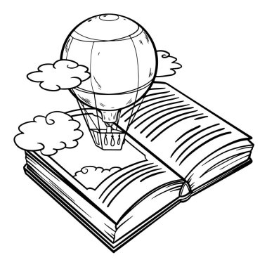 Vektör eliyle çizilen sıcak hava balonu kitaptan karalama tarzında uçuyordu. Beyaz üzerine izole edilmiş açık kitaplar