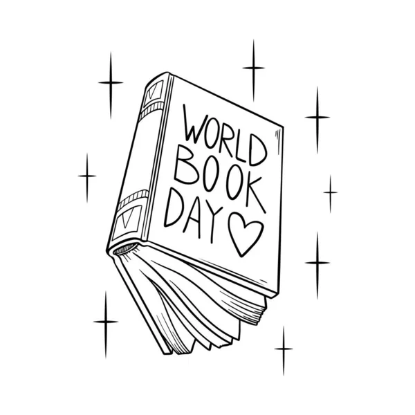 Κάρτα Παγκόσμιας Ημέρας Βιβλίου. διανυσματικό βιβλίο ζωγραφισμένο στο χέρι σε στυλ doodle. Ανοιχτά βιβλία ισοπεδωμένα σε λευκό — Διανυσματικό Αρχείο