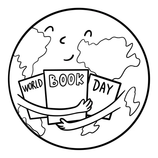 Κάρτα Παγκόσμιας Ημέρας Βιβλίου. διάνυσμα χέρι επέστησε τη Γη με βιβλίο σε στυλ doodle. Ανοιχτά βιβλία ισοπεδωμένα σε λευκό — Διανυσματικό Αρχείο