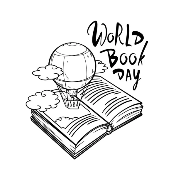 Κάρτα Παγκόσμιας Ημέρας Βιβλίου. διάνυσμα χέρι που αερόστατο θερμού αέρα που φέρουν από το βιβλίο σε στυλ doodle. Ανοιχτά βιβλία ισοπεδωμένα σε λευκό — Διανυσματικό Αρχείο