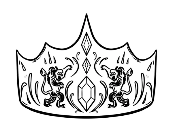 手绘皇冠奢华的皇冠素描，女王或国王加冕涂鸦和高贵的公主头冠。皇太后王冠墨制皇冠标志孤立的说明性符号集 — 图库矢量图片