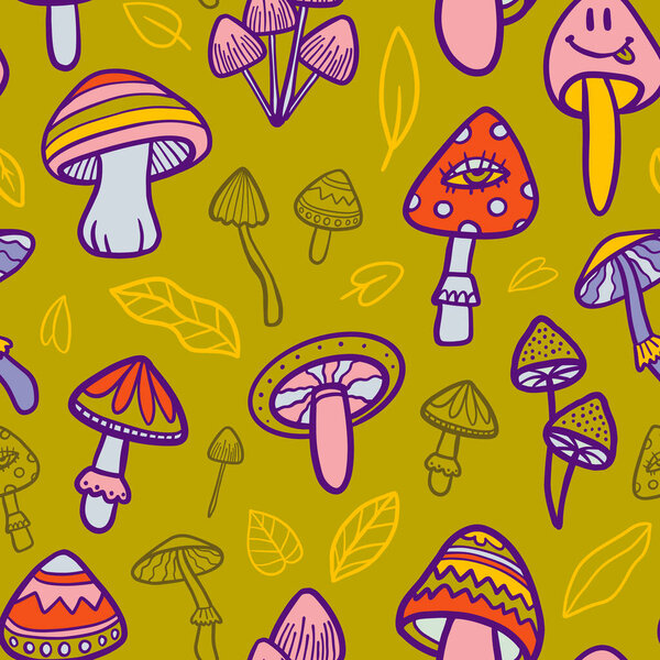 vector teenage seamless 70s retro mushroom pattern hippie style for textile design, fabric or wallpaper
