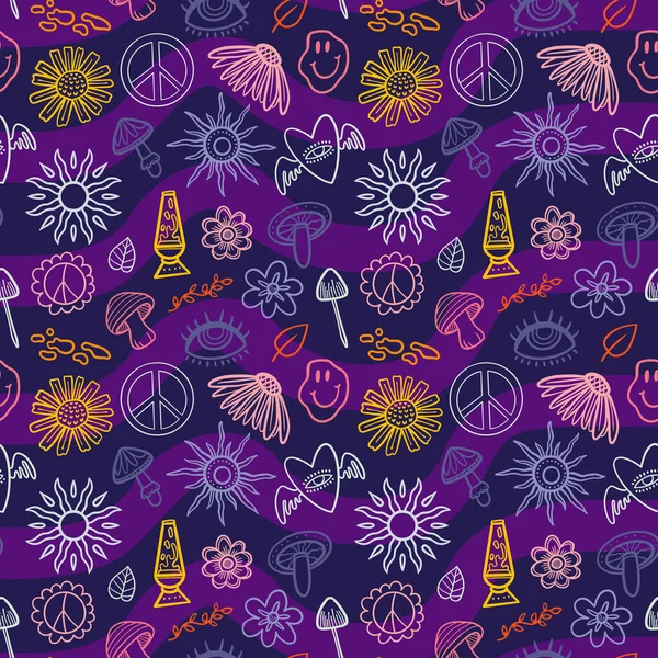 Vector Teenage Seamless 70S Retro Floral Pattern Hippie Style Textile — Vetor de Stock