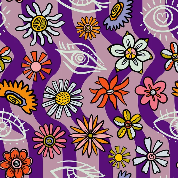 Vector Teenage Seamless 70S Retro Floral Pattern Hippie Style Textile — Vector de stock