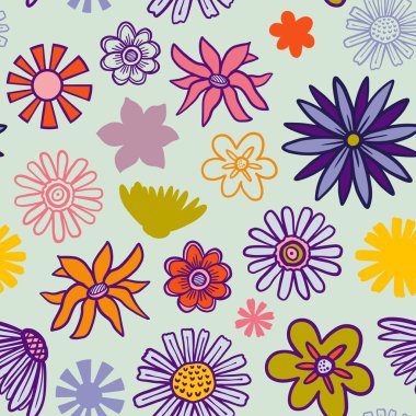 vector teenage seamless 70s retro floral pattern hippie style for textile design, fabric or wallpaper
