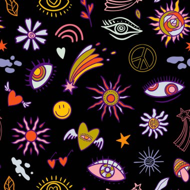 vector teenage seamless 70s retro floral pattern hippie style for textile design, fabric or wallpaper