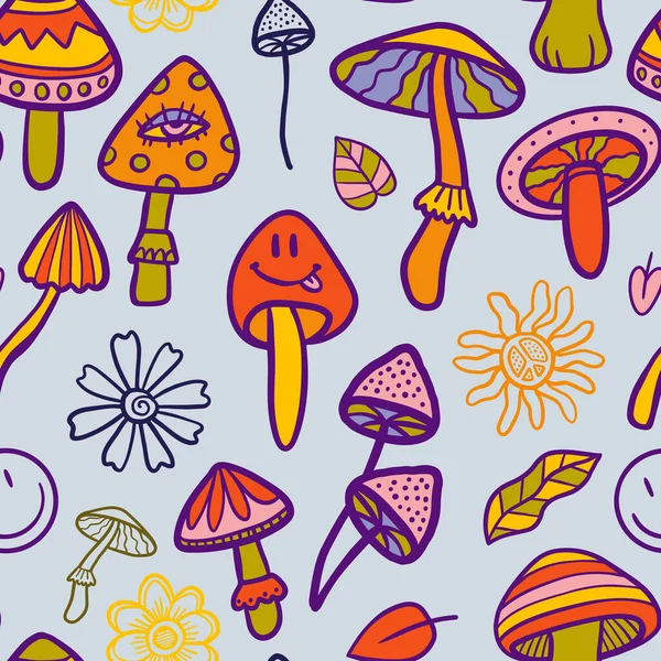 Vector Teenage Seamless 70S Retro Mushroom Pattern Hippie Style Textile — стоковый вектор
