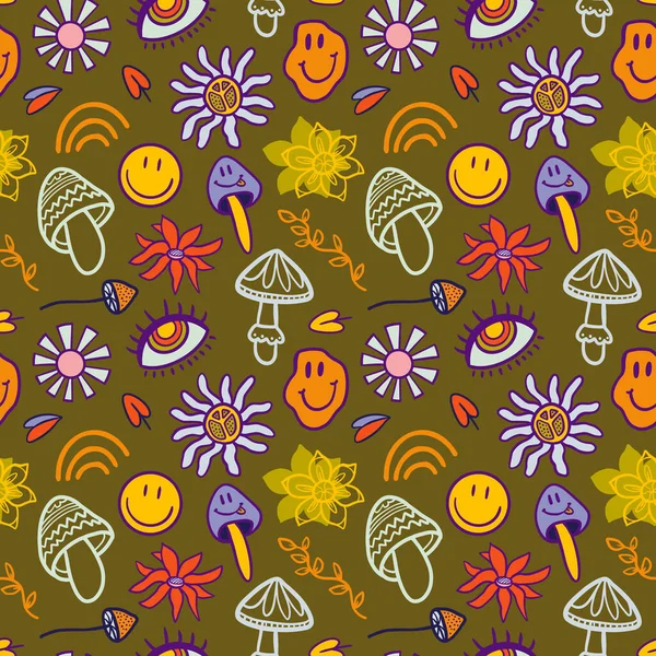 Vector Teenage Seamless 70S Retro Floral Pattern Hippie Style Textile — Vetor de Stock