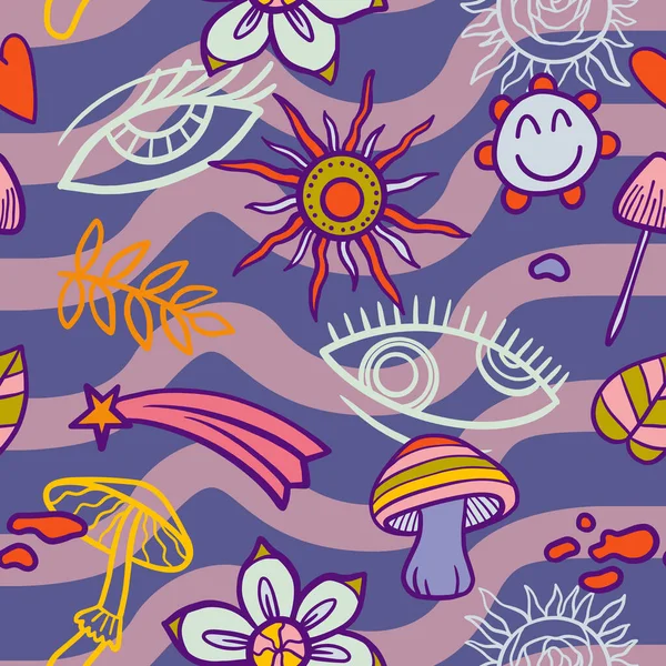 Vector Teenage Seamless 70S Retro Mushroom Pattern Hippie Style Textile — ストックベクタ