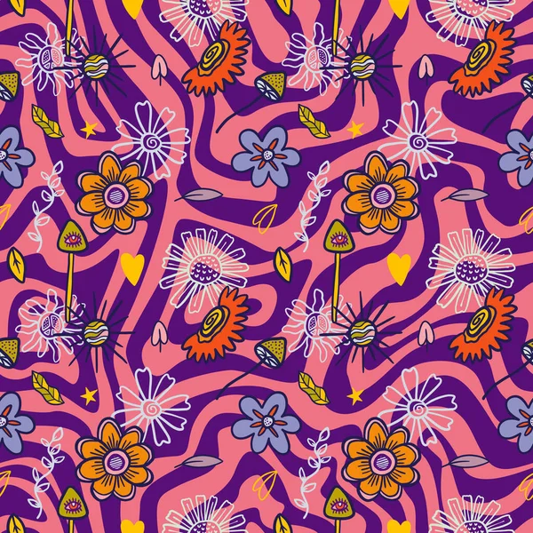 Vector Teenage Seamless 70S Retro Floral Pattern Hippie Style Textile — стоковый вектор