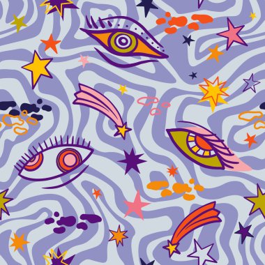 vector teenage seamless 70s retro eyes pattern hippie style for textile design, fabric or wallpaper