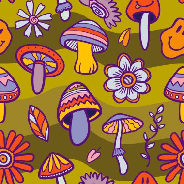 vector teenage seamless 70s retro mushroom pattern hippie style for textile design, fabric or wallpaper