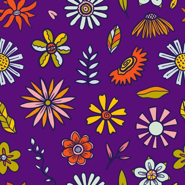 Vector Teenage Seamless 70S Retro Floral Pattern Hippie Style Textile — Vetor de Stock