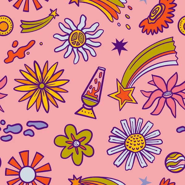 Vector Teenage Seamless 70S Retro Floral Pattern Hippie Style Textile — Wektor stockowy