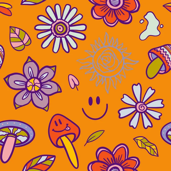 Vector Teenage Seamless 70S Retro Floral Pattern Hippie Style Textile — Vector de stock