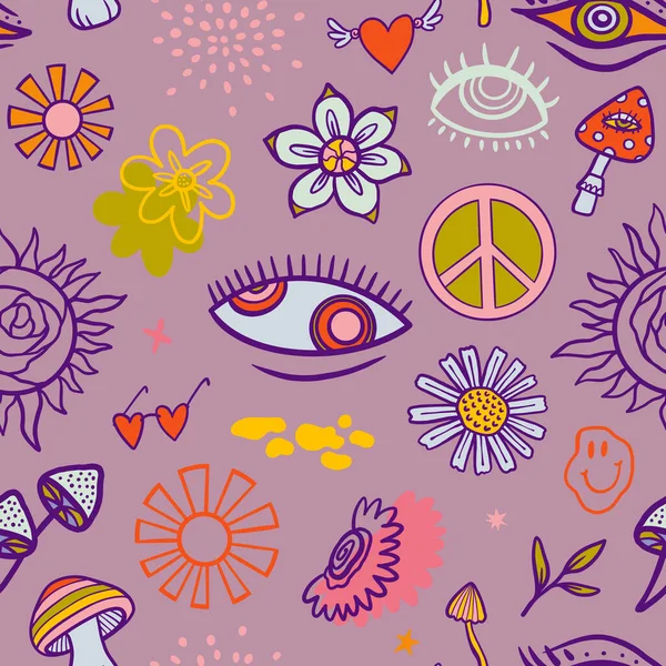 Vector Teenage Seamless 70S Retro Floral Pattern Hippie Style Textile — стоковый вектор