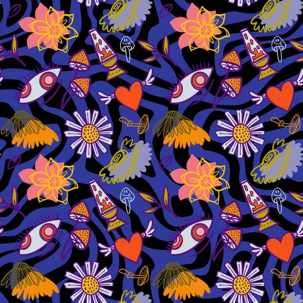 Vector Teenage Seamless 70S Retro Floral Pattern Hippie Style Textile — стоковый вектор