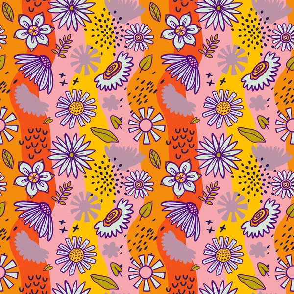 Vector Teenage Seamless 70S Retro Floral Pattern Hippie Style Textile — Vector de stock