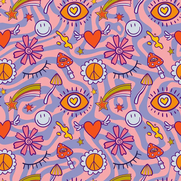 Vector Teenage Seamless 70S Retro Floral Pattern Hippie Style Textile — ストックベクタ