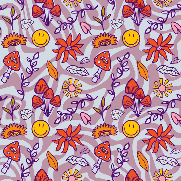 Vector Teenage Seamless 70S Retro Floral Pattern Hippie Style Textile — Wektor stockowy
