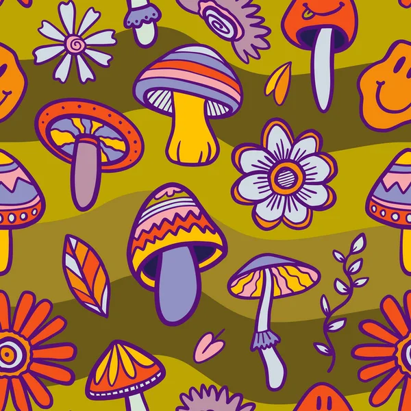 Vector Teenage Seamless 70S Retro Mushroom Pattern Hippie Style Textile — стоковый вектор