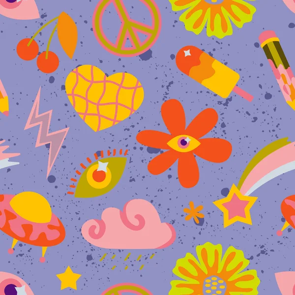 Vector Teenage Seamless 70S Retro Pattern Hippie Style Textile Design — ストックベクタ