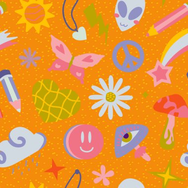 vector teenage seamless 70s retro pattern hippie style for textile design, fabric or wallpaper