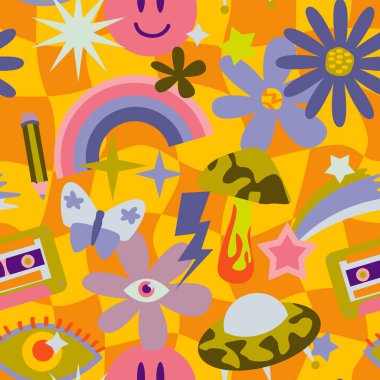 vector teenage seamless 70s retro pattern hippie style for textile design, fabric or wallpaper