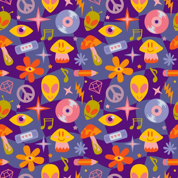 Vector Teenage Seamless 70S Retro Pattern Hippie Style Textile Design — ストックベクタ