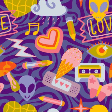 vector teenage seamless 70s retro pattern hippie style for textile design, fabric or wallpaper