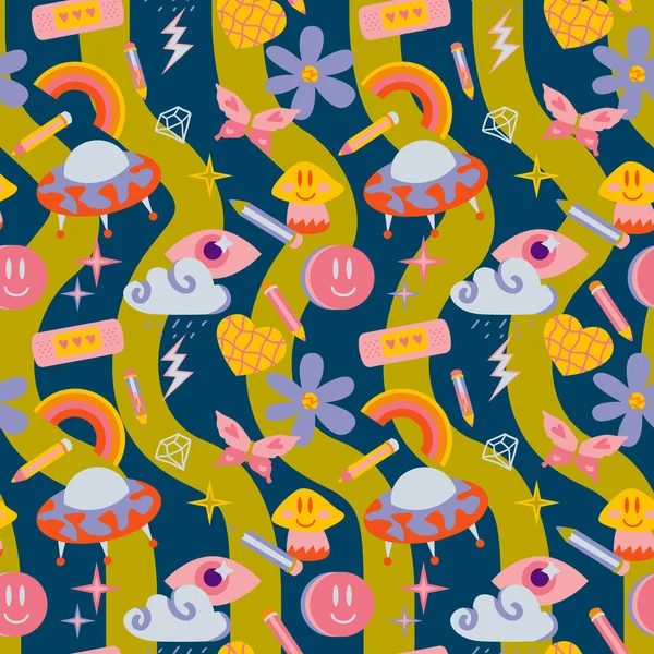 Vector Teenage Seamless 70S Retro Pattern Hippie Style Textile Design — ストックベクタ