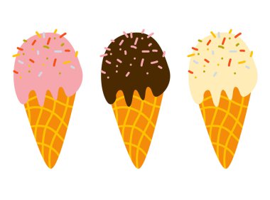 Vector illustration of ice cream in a waffle cone. Icecream in pink and blue colors isolated on white background idea for a poster, postcard, t-shirt.
