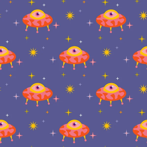 Vector Seamless Pattern Ufo Modern Flat Icon Isolated White — ストックベクタ