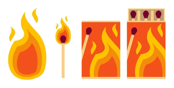 Συλλογή Σπίρτων Καμένο Σπίρτο Φωτιά Ανοιγμένο Σπιρτόκουτο Καμμένο Σπίρτο Επίπεδη — Διανυσματικό Αρχείο