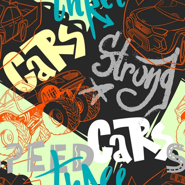 Abstract Seamless Cars Pattern Boy Background Childish Style Wheel Auto — Vector de stoc