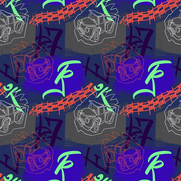 Abstract Seamless Cars Pattern Boy Background Childish Style Wheel Auto — Stok Vektör