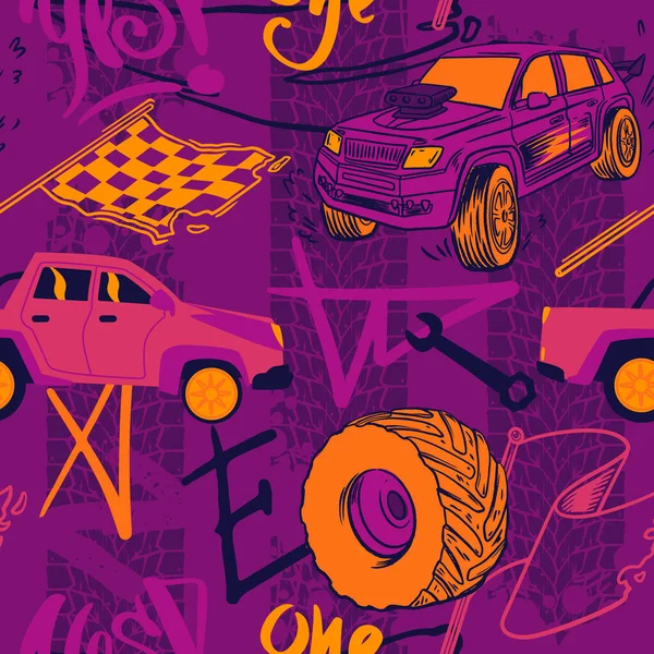 Abstract Seamless Cars Pattern Boy Background Childish Style Wheel Auto — Image vectorielle