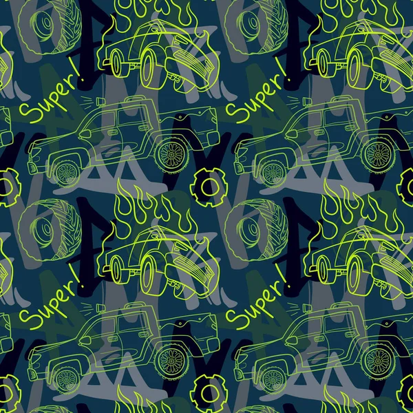 Abstract Seamless Cars Pattern Boy Background Childish Style Wheel Auto — Stockvector