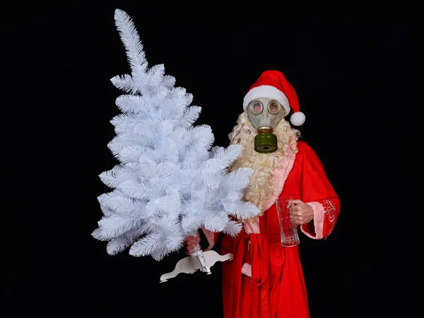 Portrét Santa Clause Santy Ochranné Masce Plynová Maska Stromem 2021 — Stock fotografie