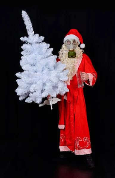 Portrét Santa Clause Santy Ochranné Masce Plynová Maska Stromem 2021 — Stock fotografie
