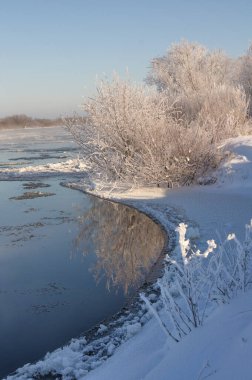 winter landscape. morning frost and sun. ice drift on the river. the branches of plants are covered with white frost 2022