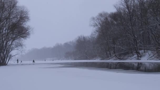 雪が降る川での冬の釣り — ストック動画