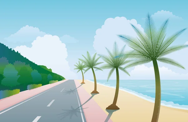 Palm Trees Ile Sahil Yolu Doğal Sahne Arkaplanı — Stok Vektör